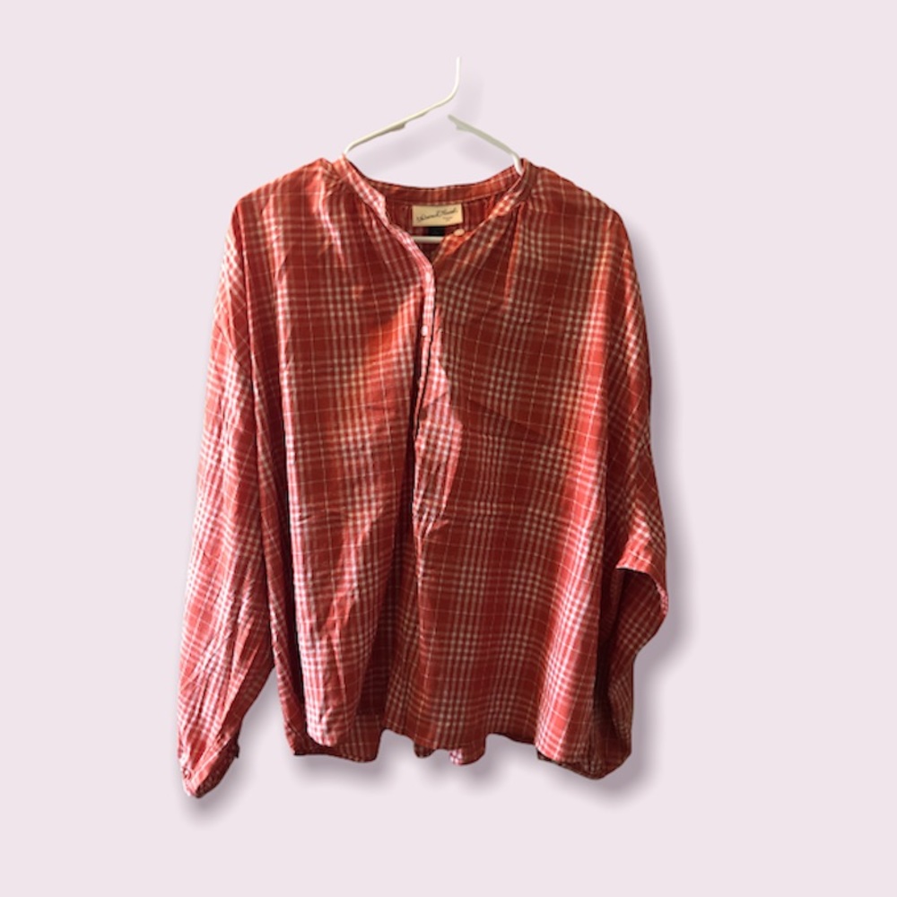 Universal Thread Women’s Orange Plaid Henley Balloon Long Sleeved Blouse